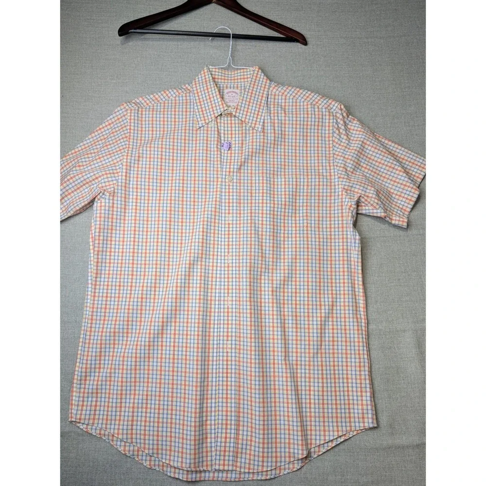 Brooks Brothers Polo Shirt Mens M Orange Blue Plaid Supima Cotton Non-Iron - Picture 1 of 9